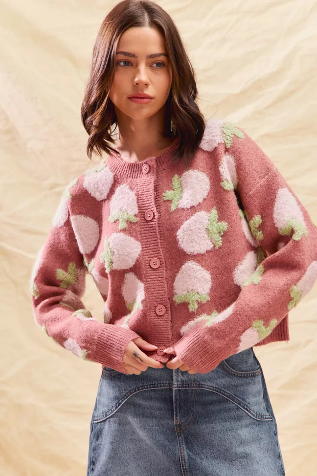 SO ME Strawberry Fruit All Over Button Sweater Cardigan-Cardigan-Trendsi-[option4]-[option5]-[option6]-[option7]-[option8]-Shop-Boutique-Clothing-for-Women-Online