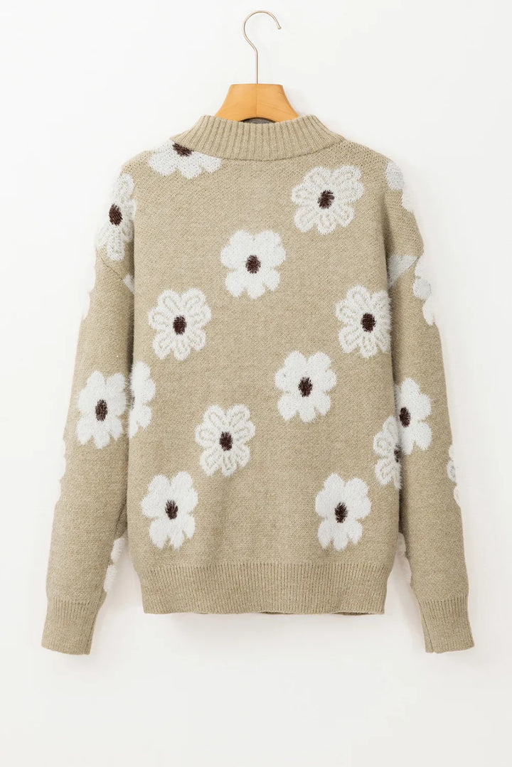 Flower Half Zip Long Sleeve Sweater-Trendsi-[option4]-[option5]-[option6]-[option7]-[option8]-Shop-Boutique-Clothing-for-Women-Online