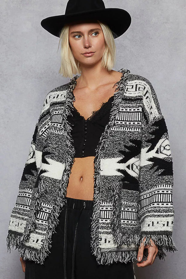 POL Open Front Geometric Print Cardigan with Fringe Detail-Cardigan-Trendsi-[option4]-[option5]-[option6]-[option7]-[option8]-Shop-Boutique-Clothing-for-Women-Online