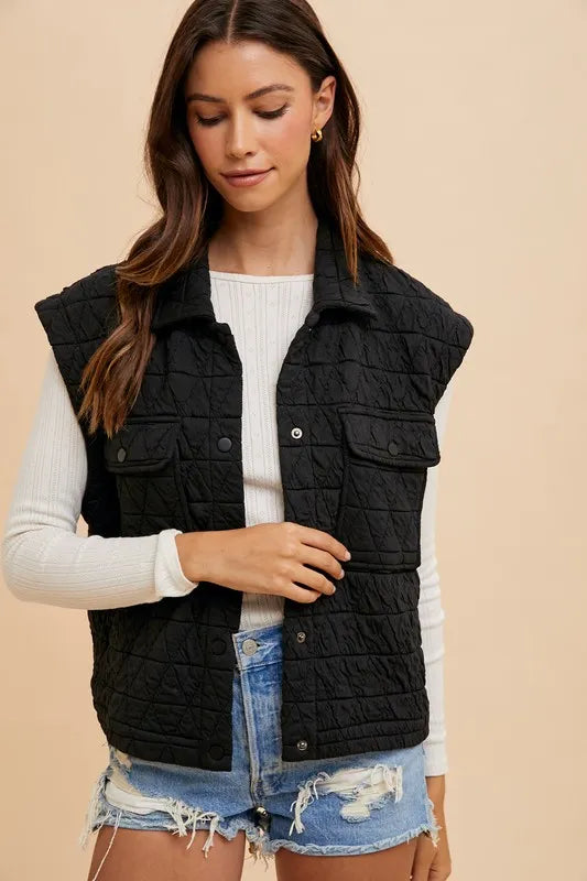 Annie Wear Texture Quilted Snap Down Vest Coat-Vest-Trendsi-[option4]-[option5]-[option6]-[option7]-[option8]-Shop-Boutique-Clothing-for-Women-Online