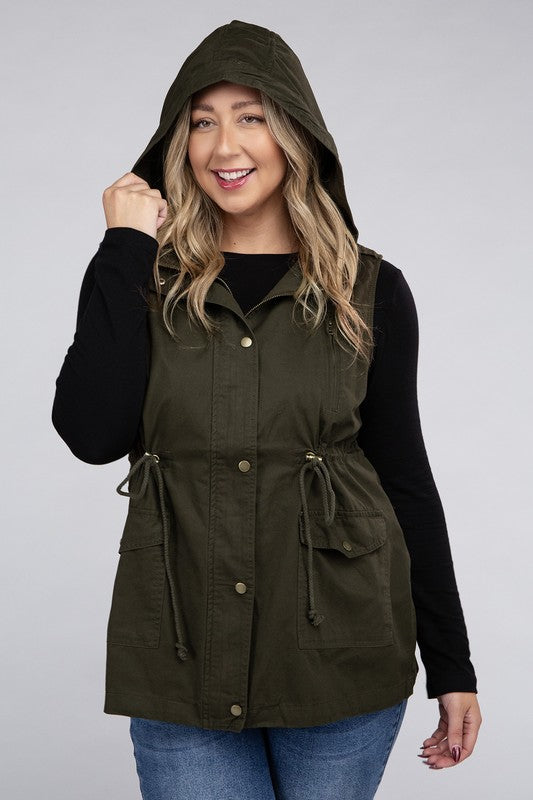 Zenana Plus Drawstring Waist Military Hoodie Vest-ZENANA-[option4]-[option5]-[option6]-[option7]-[option8]-Shop-Boutique-Clothing-for-Women-Online
