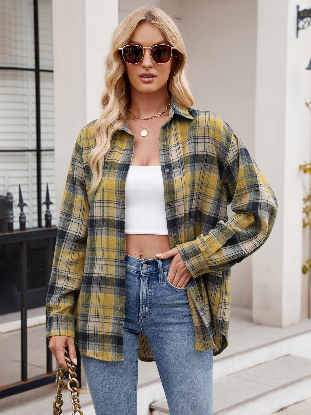 Mandy Pocketed Plaid Collared Neck Long Sleeve Shirt-Trendsi-Mustard-S-[option4]-[option5]-[option6]-[option7]-[option8]-Shop-Boutique-Clothing-for-Women-Online