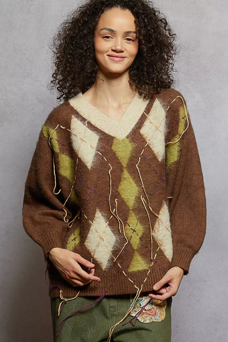 POL V-Neck Argyle Pattern Mohair Sweater with Contrast Exposed Stitch Detail-sweater-Trendsi-[option4]-[option5]-[option6]-[option7]-[option8]-Shop-Boutique-Clothing-for-Women-Online
