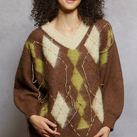 POL V-Neck Argyle Pattern Mohair Sweater with Contrast Exposed Stitch Detail-sweater-Trendsi-[option4]-[option5]-[option6]-[option7]-[option8]-Shop-Boutique-Clothing-for-Women-Online