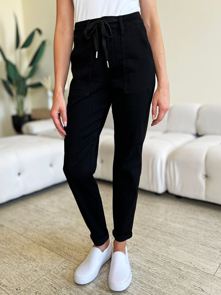 Judy Blue Black High Waist Double Roll Cuff Jogger Jeans-Trendsi-Black-0(24)-[option4]-[option5]-[option6]-[option7]-[option8]-Shop-Boutique-Clothing-for-Women-Online