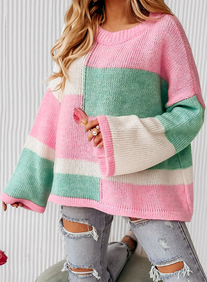 Color Block Round Neck Drop Shoulder Sweater-Trendsi-Blush Pink-S-[option4]-[option5]-[option6]-[option7]-[option8]-Shop-Boutique-Clothing-for-Women-Online