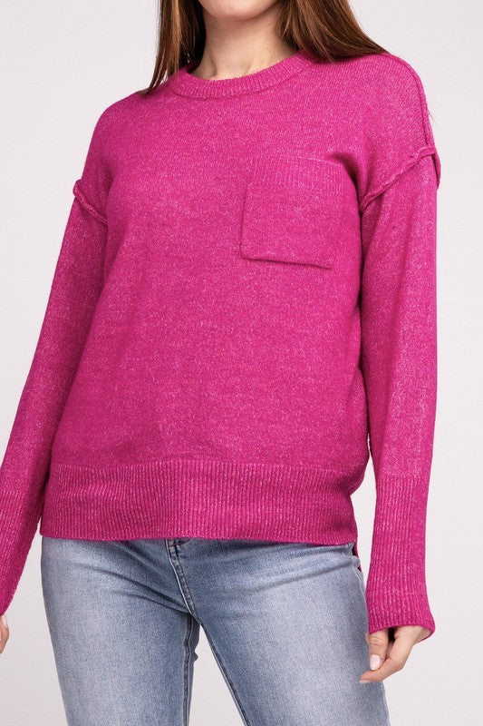 Zenana MELANGE HI-LOW HEM ROUND NECK SWEATER-ZENANA-H MAGENTA-S/M-[option4]-[option5]-[option6]-[option7]-[option8]-Shop-Boutique-Clothing-for-Women-Online