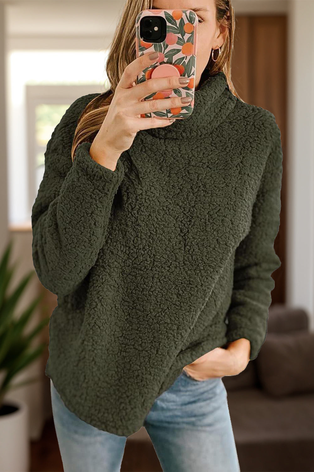 Fuzzy Turtleneck Long Sleeve Sweatshirt-Trendsi-Army Green-S-[option4]-[option5]-[option6]-[option7]-[option8]-Shop-Boutique-Clothing-for-Women-Online