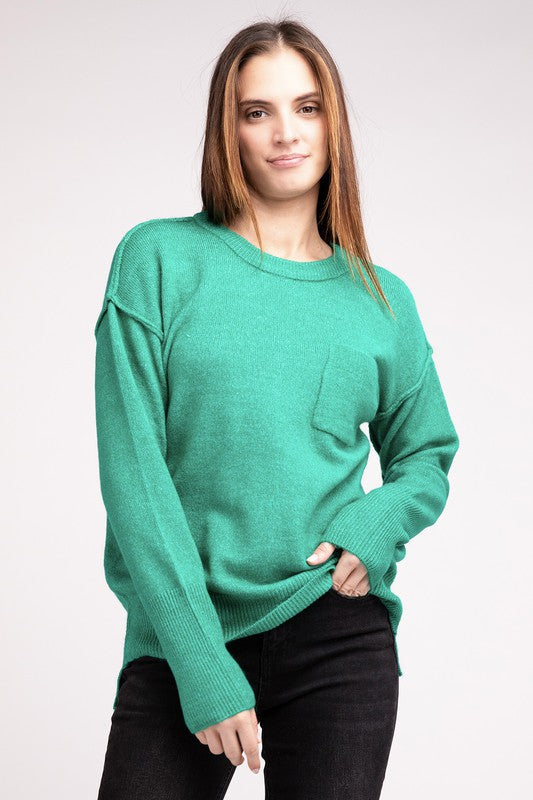 Zenana MELANGE HI-LOW HEM ROUND NECK SWEATER-ZENANA-[option4]-[option5]-[option6]-[option7]-[option8]-Shop-Boutique-Clothing-for-Women-Online