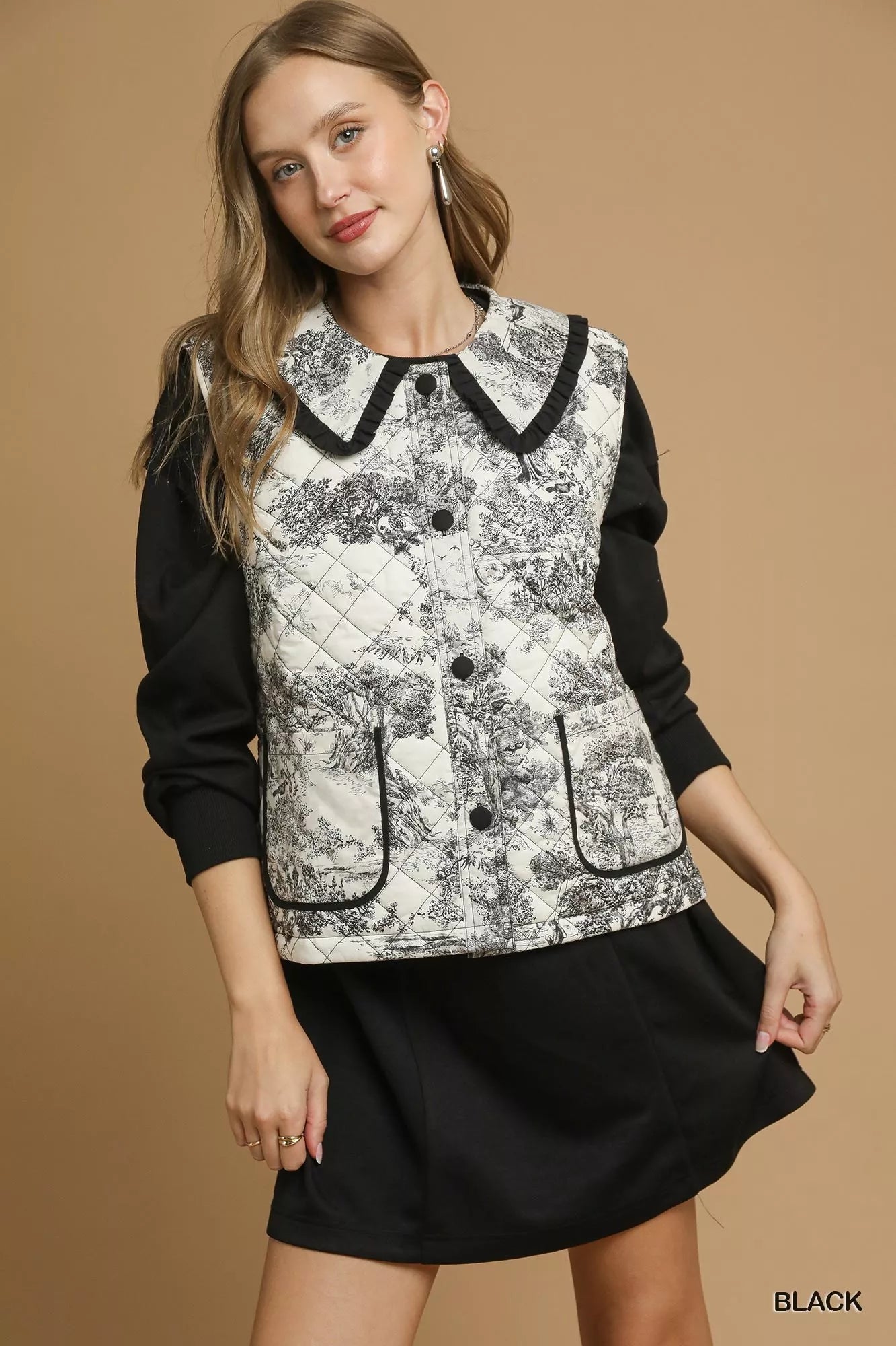 Umgee Toile Quilted Vest with Ruffle Collar-Vest-Trendsi-[option4]-[option5]-[option6]-[option7]-[option8]-Shop-Boutique-Clothing-for-Women-Online