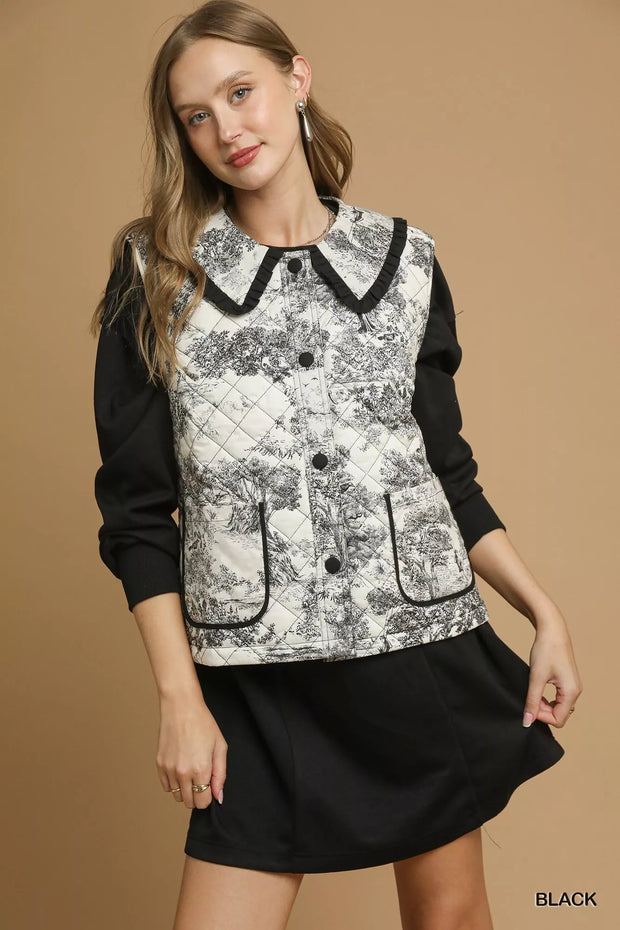 Umgee Toile Quilted Vest with Ruffle Collar-Vest-Trendsi-[option4]-[option5]-[option6]-[option7]-[option8]-Shop-Boutique-Clothing-for-Women-Online