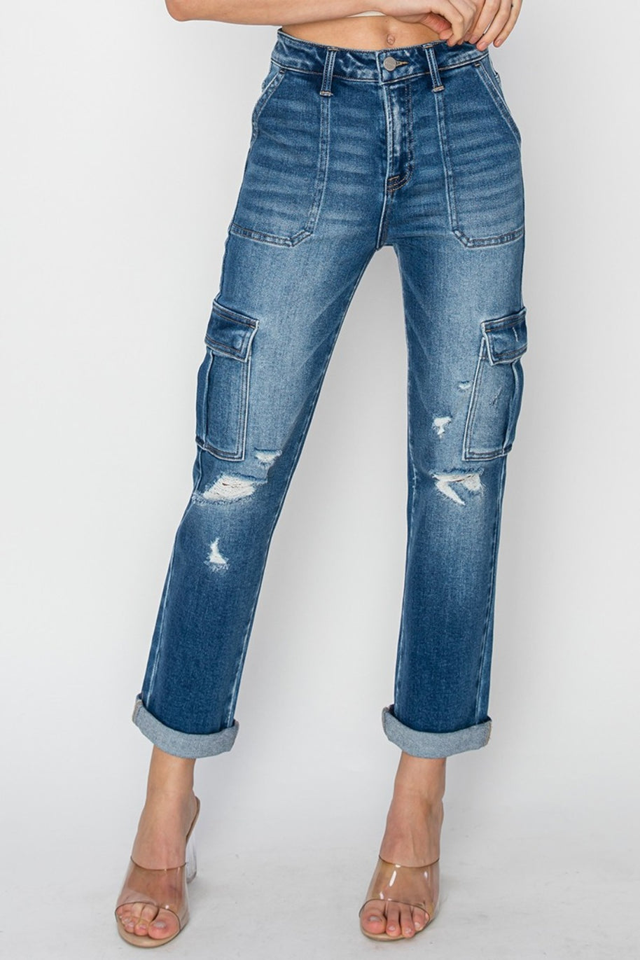 RISEN High Rise Cargo Ankle Roll Up Straight Jeans-Trendsi-[option4]-[option5]-[option6]-[option7]-[option8]-Shop-Boutique-Clothing-for-Women-Online