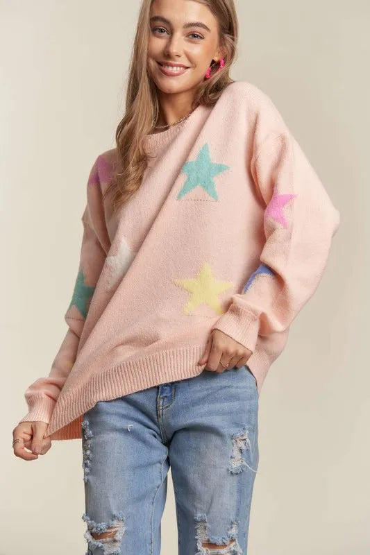 ADORA Stars Pattern Round Neck Drop Shoulder Sweater-Sweaters-Trendsi-[option4]-[option5]-[option6]-[option7]-[option8]-Shop-Boutique-Clothing-for-Women-Online