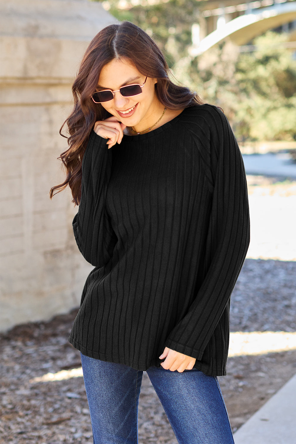 Basic Bae Ribbed Round Neck Long Sleeve Knit Top-Trendsi-Black-S-[option4]-[option5]-[option6]-[option7]-[option8]-Shop-Boutique-Clothing-for-Women-Online