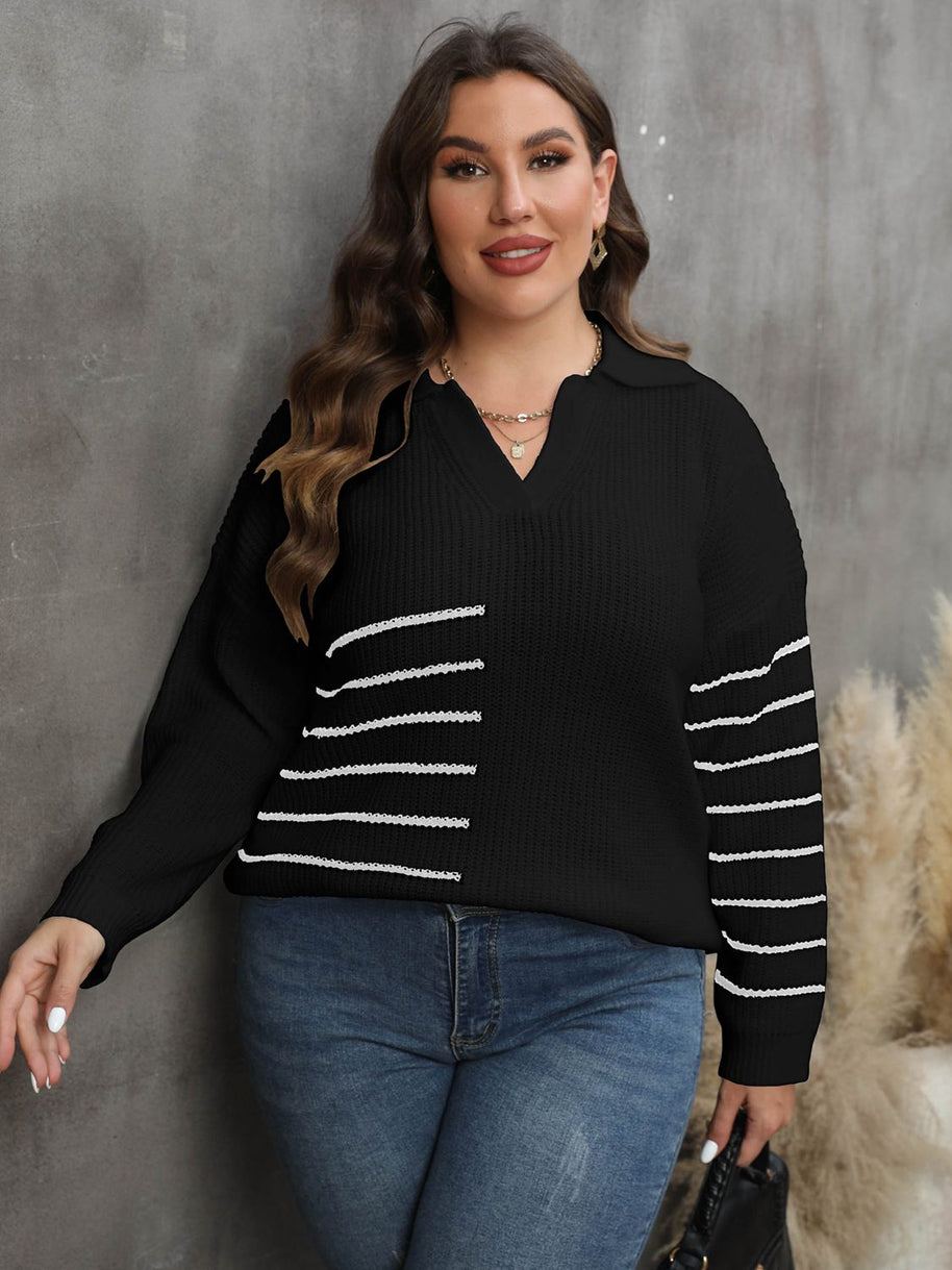 Plus Size Striped V-Neck Sweater-Sweaters-Trendsi-[option4]-[option5]-[option6]-[option7]-[option8]-Shop-Boutique-Clothing-for-Women-Online