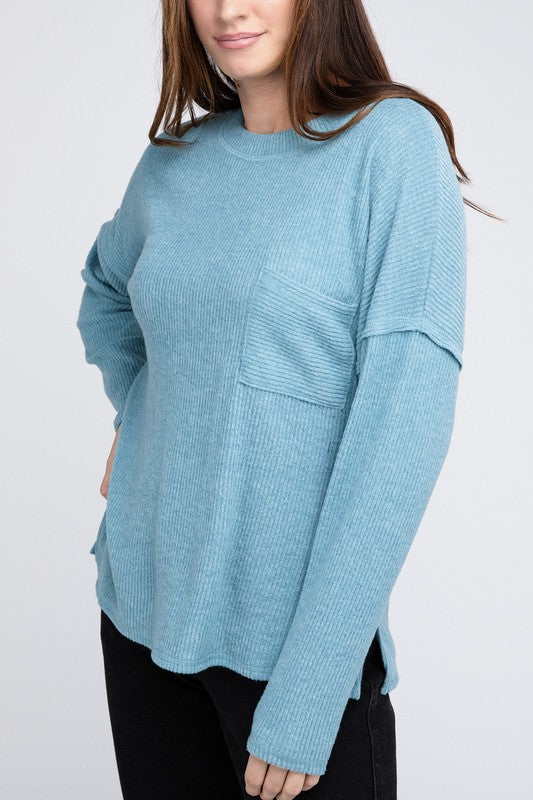 Zenana Ribbed Brushed Melange Hacci Sweater with a Pocket-ZENANA-DUSTY TEAL-S-[option4]-[option5]-[option6]-[option7]-[option8]-Shop-Boutique-Clothing-for-Women-Online