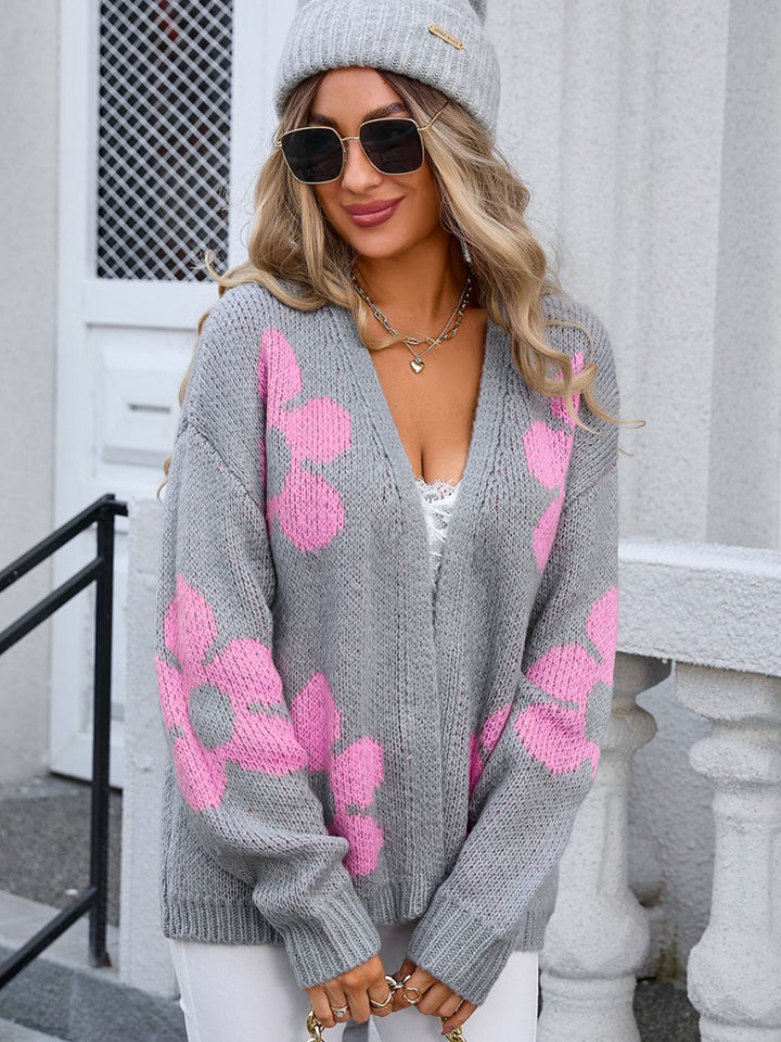 Flower Open Front Long Sleeve Cardigan-Trendsi-[option4]-[option5]-[option6]-[option7]-[option8]-Shop-Boutique-Clothing-for-Women-Online