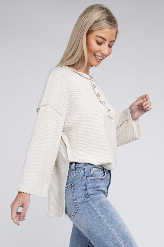 Zenana Ribbed Brushed Melange Hacci Henley Sweater-ZENANA-[option4]-[option5]-[option6]-[option7]-[option8]-Shop-Boutique-Clothing-for-Women-Online