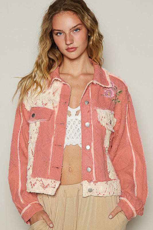 POL Crochet Patch Embroidered Button Up Jacket-Trendsi-Pink Multicolor-S-[option4]-[option5]-[option6]-[option7]-[option8]-Shop-Boutique-Clothing-for-Women-Online