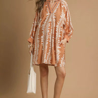 Umgee Leaf Print Notched Mini Babydoll Dress-Dresses-Trendsi-[option4]-[option5]-[option6]-[option7]-[option8]-Shop-Boutique-Clothing-for-Women-Online