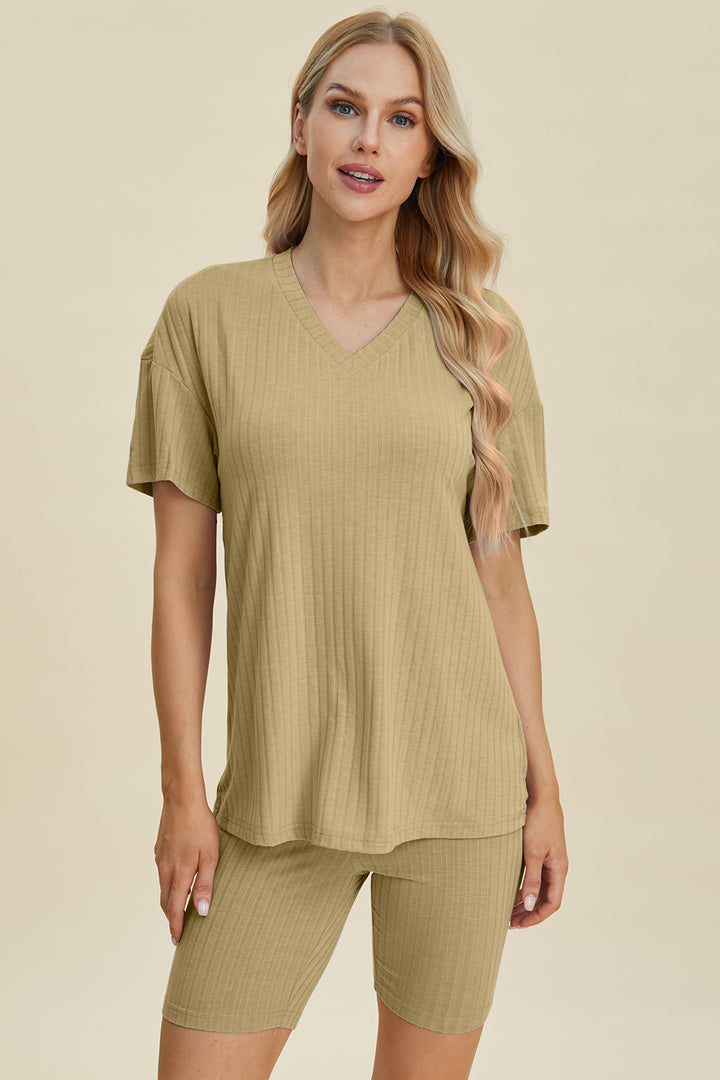 Basic Bae Ribbed V-Neck Short Sleeve Top and Shorts Set-Trendsi-Chartreuse-S-[option4]-[option5]-[option6]-[option7]-[option8]-Shop-Boutique-Clothing-for-Women-Online