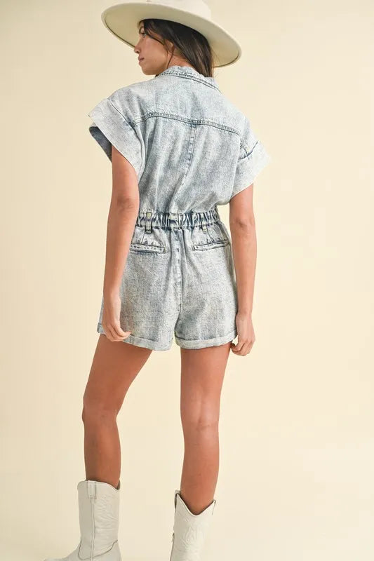 Annie Wear Elastic Waistband Short Sleeve Denim Romper-Rompers-Trendsi-[option4]-[option5]-[option6]-[option7]-[option8]-Shop-Boutique-Clothing-for-Women-Online