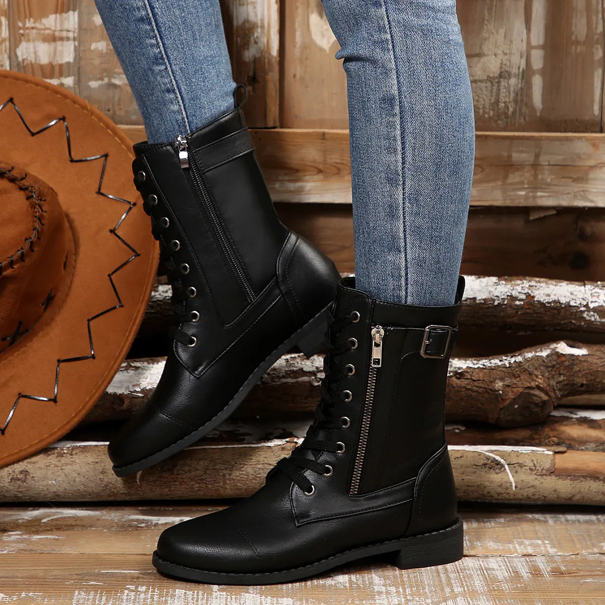 Round Toe Lace Up Block Heels Boots-110 Fashion Boots-Trendsi-[option4]-[option5]-[option6]-[option7]-[option8]-Shop-Boutique-Clothing-for-Women-Online