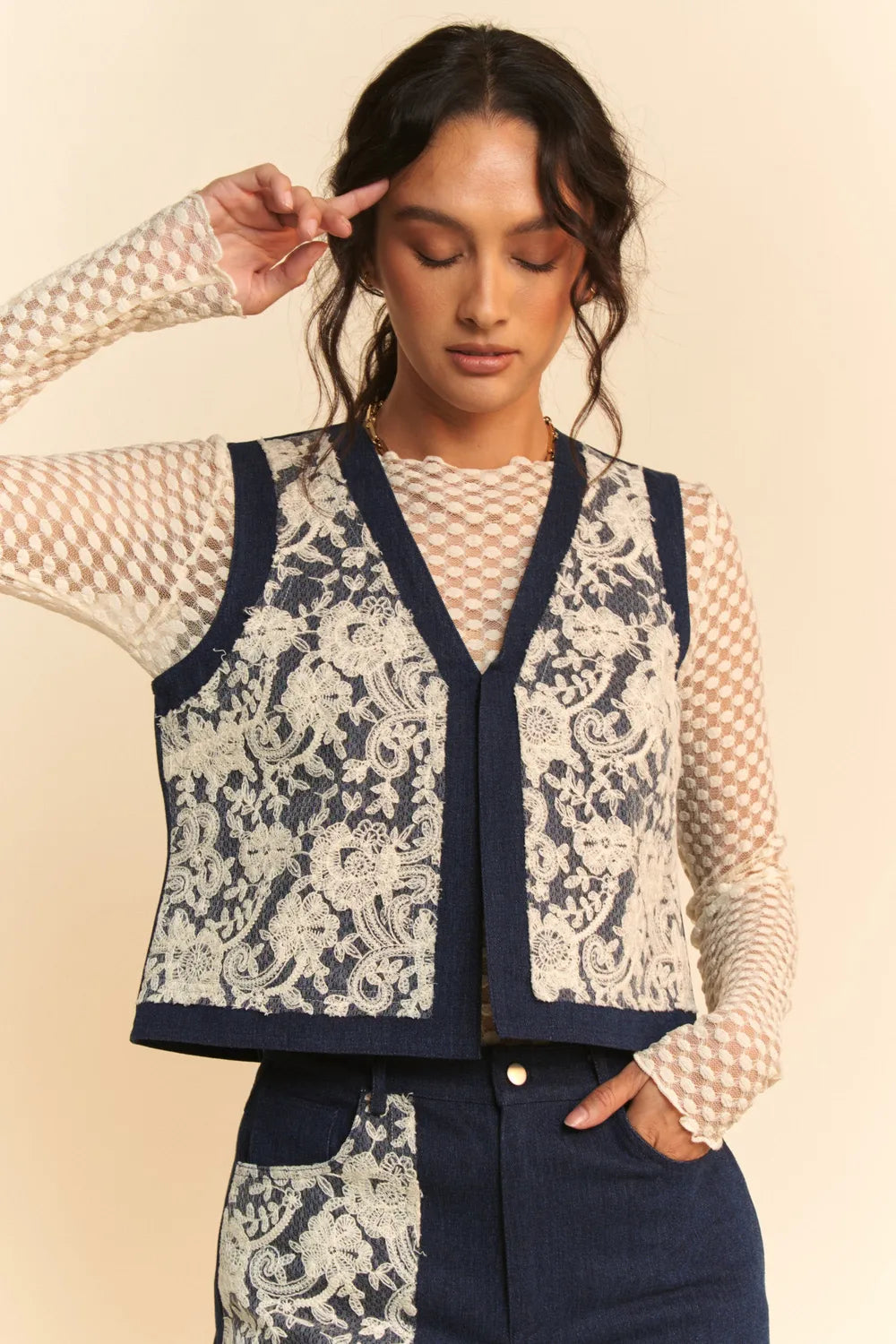 Davi & Dani Lace Patch Open Front Denim Vest-Vest-Trendsi-[option4]-[option5]-[option6]-[option7]-[option8]-Shop-Boutique-Clothing-for-Women-Online