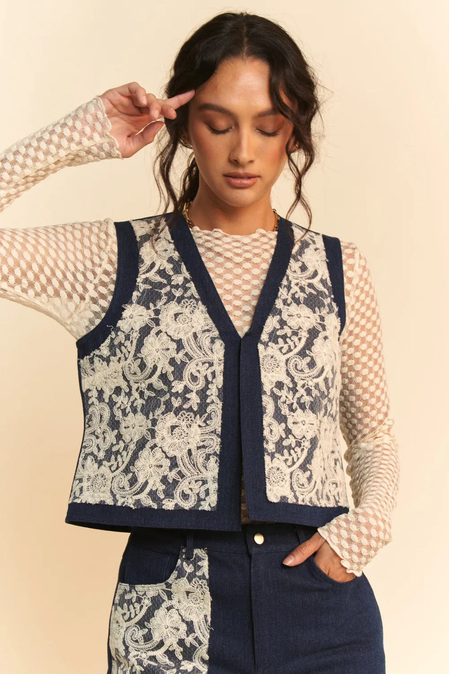 Davi & Dani Lace Patch Open Front Denim Vest-Vest-Trendsi-[option4]-[option5]-[option6]-[option7]-[option8]-Shop-Boutique-Clothing-for-Women-Online