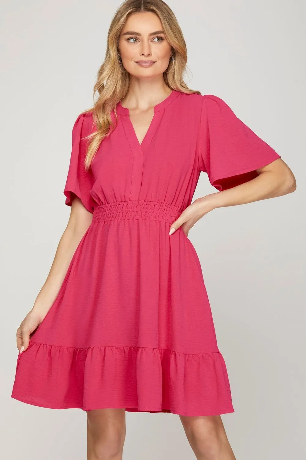 She + Sky Ruffled Hem Notched Flutter Sleeve Mini Dress-Dresses-Trendsi-[option4]-[option5]-[option6]-[option7]-[option8]-Shop-Boutique-Clothing-for-Women-Online