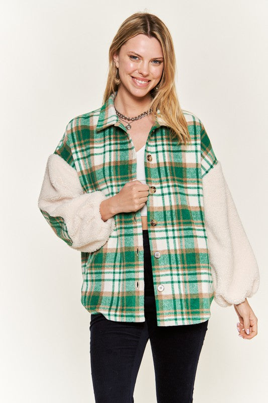 Multi plaid fuzzy sleeve jacket PLUS SIZE-Jade By Jane-[option4]-[option5]-[option6]-[option7]-[option8]-Shop-Boutique-Clothing-for-Women-Online