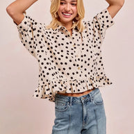 BiBi Polka Dot Printed Peplum Top with Front Button-Blouses-Trendsi-[option4]-[option5]-[option6]-[option7]-[option8]-Shop-Boutique-Clothing-for-Women-Online