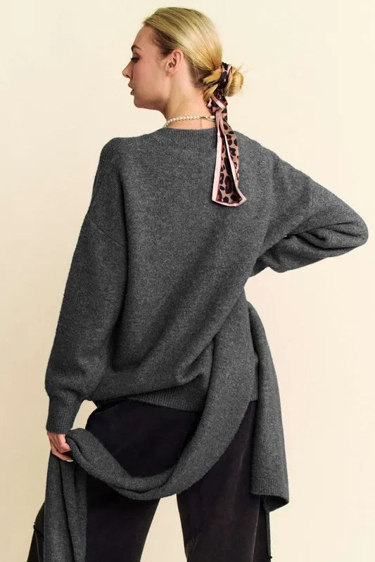 Davi & Dani V-Neck Dropped Shoulder Sweater with Scarf-Sweaters-Trendsi-[option4]-[option5]-[option6]-[option7]-[option8]-Shop-Boutique-Clothing-for-Women-Online