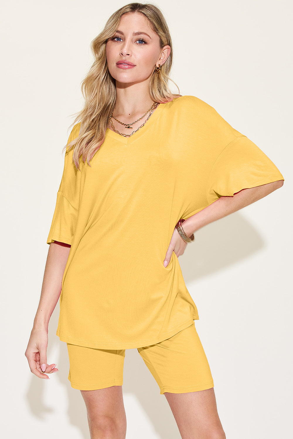 Basic Bae Bamboo V-Neck Drop Shoulder T-Shirt and Shorts Set-Trendsi-True Yellow-S-[option4]-[option5]-[option6]-[option7]-[option8]-Shop-Boutique-Clothing-for-Women-Online