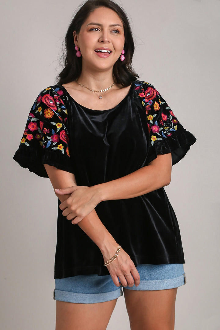 Umgee Velvet Embroidery Short Sleeve Blouse-Trendsi-[option4]-[option5]-[option6]-[option7]-[option8]-Shop-Boutique-Clothing-for-Women-Online