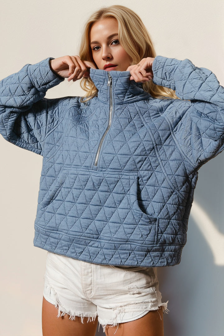 Double Take Half Zip Long Sleeve Quilted Sweatshirt with Pocket-Trendsi-Light Blue-S-[option4]-[option5]-[option6]-[option7]-[option8]-Shop-Boutique-Clothing-for-Women-Online