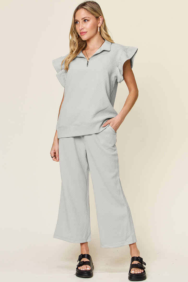 Double Take Texture Ruffle Short Sleeve Top and Drawstring Wide Leg Pants Set-Trendsi-Light Gray-S-[option4]-[option5]-[option6]-[option7]-[option8]-Shop-Boutique-Clothing-for-Women-Online