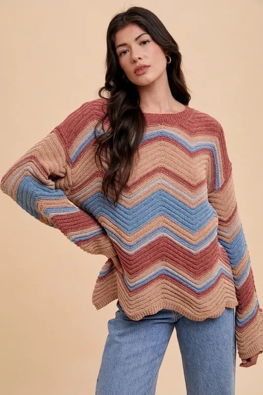 Annie Wear Multi Color Zig-Zag Round Neck Sweater-Sweaters-Trendsi-[option4]-[option5]-[option6]-[option7]-[option8]-Shop-Boutique-Clothing-for-Women-Online