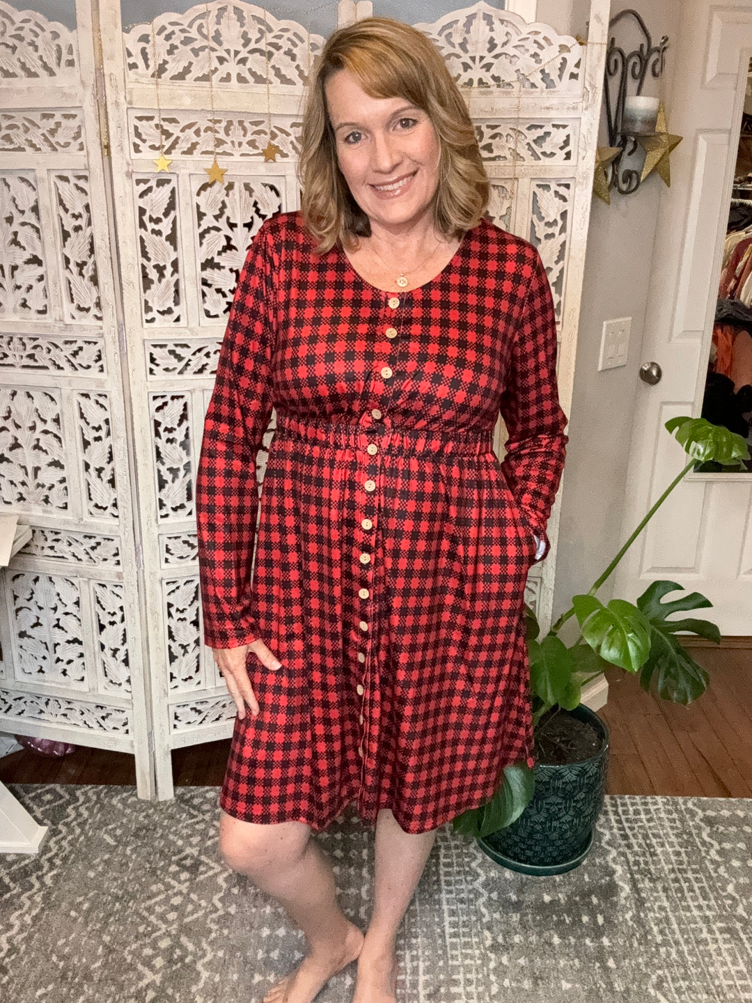 Holiday Plaid Round Neck Long Sleeve Ella Magic Dress-Trendsi-[option4]-[option5]-[option6]-[option7]-[option8]-Shop-Boutique-Clothing-for-Women-Online