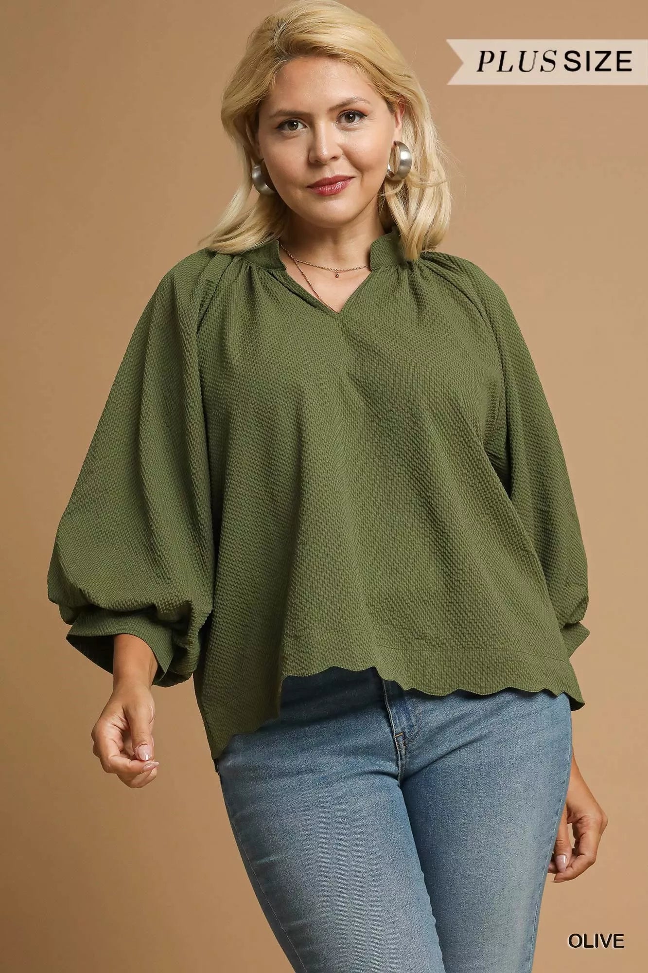 Textured Notched Balloon Sleeve Blouse-Blouses-Trendsi-[option4]-[option5]-[option6]-[option7]-[option8]-Shop-Boutique-Clothing-for-Women-Online