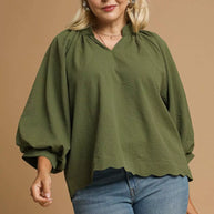 Textured Notched Balloon Sleeve Blouse-Blouses-Trendsi-[option4]-[option5]-[option6]-[option7]-[option8]-Shop-Boutique-Clothing-for-Women-Online