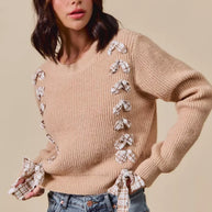 SO ME Checkered Plaid Tape Lace Up Ribbed Sweater-Sweaters-Trendsi-[option4]-[option5]-[option6]-[option7]-[option8]-Shop-Boutique-Clothing-for-Women-Online