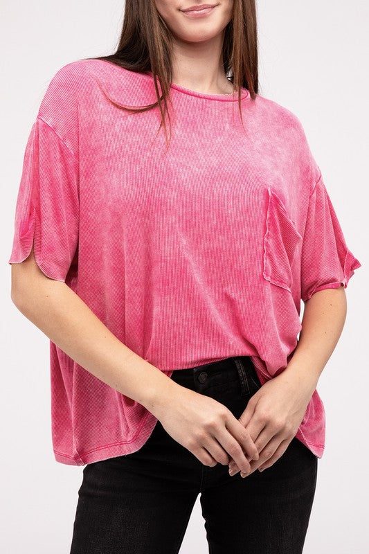 Zenana Washed Ribbed Cuffed Short Sleeve Round Neck Top-ZENANA-HOT PINK-S/M-[option4]-[option5]-[option6]-[option7]-[option8]-Shop-Boutique-Clothing-for-Women-Online