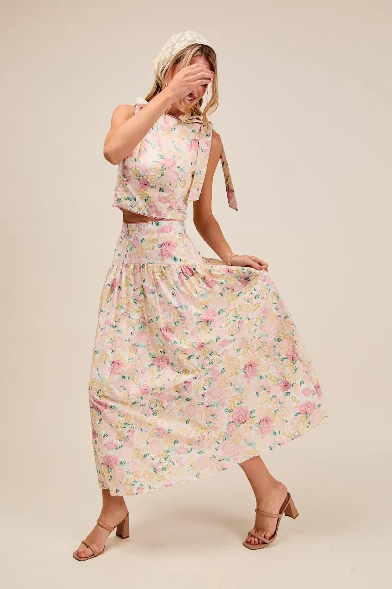 SO ME Floral Printed Woven Shoulder Bow Tie Top and Skirt Set-Dresses-Trendsi-[option4]-[option5]-[option6]-[option7]-[option8]-Shop-Boutique-Clothing-for-Women-Online