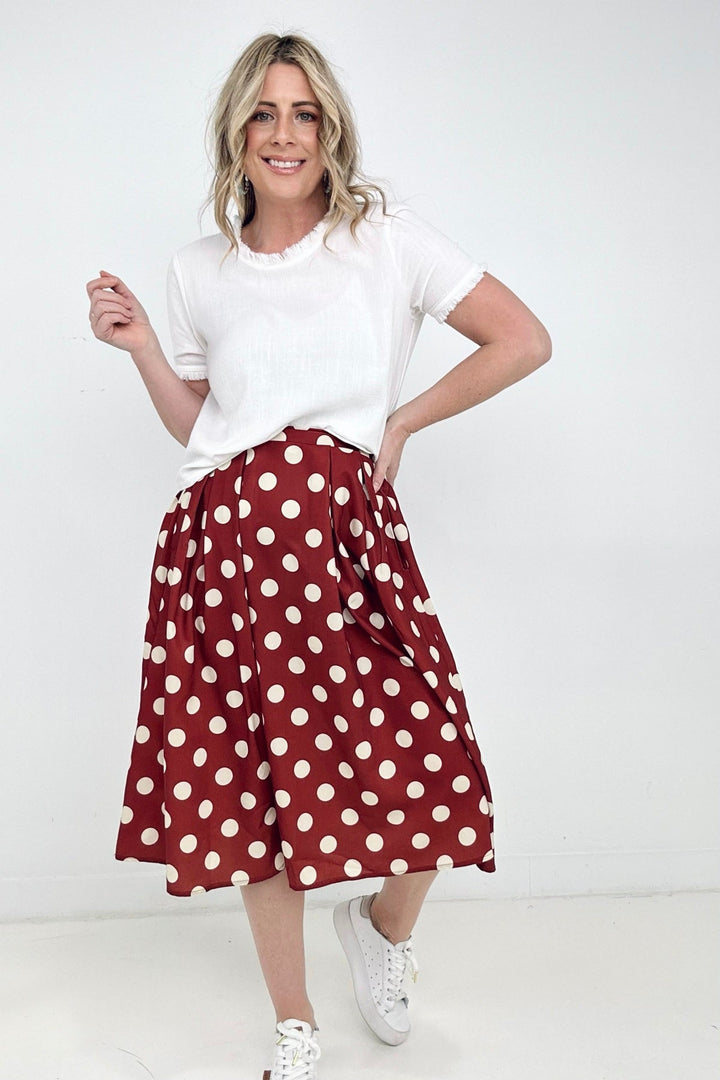 Jade By Jane Polka Dot Pleated Midi Skirt-Skirts-Kiwidrop-Burgundy-S-[option4]-[option5]-[option6]-[option7]-[option8]-Shop-Boutique-Clothing-for-Women-Online