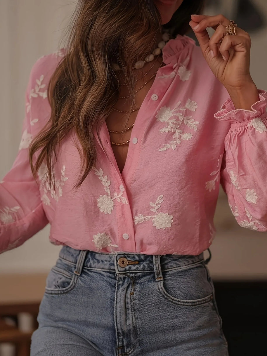 Flower Button Up Long Sleeve Shirt-Tops-Trendsi-[option4]-[option5]-[option6]-[option7]-[option8]-Shop-Boutique-Clothing-for-Women-Online