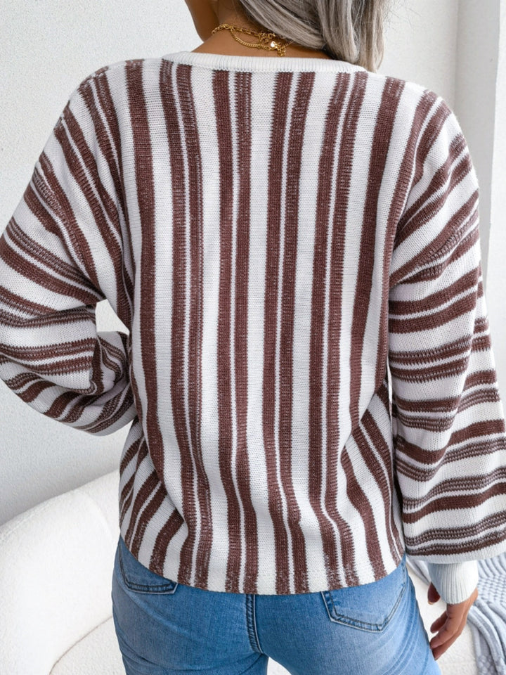 Striped Lace-Up Long Sleeve Sweater-Trendsi-[option4]-[option5]-[option6]-[option7]-[option8]-Shop-Boutique-Clothing-for-Women-Online