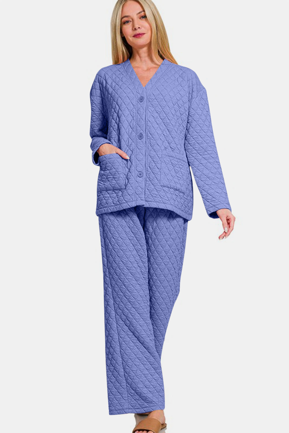 Zenana Quilted Button Up Long Sleeve Top and Pants Lounge Set-Trendsi-[option4]-[option5]-[option6]-[option7]-[option8]-Shop-Boutique-Clothing-for-Women-Online