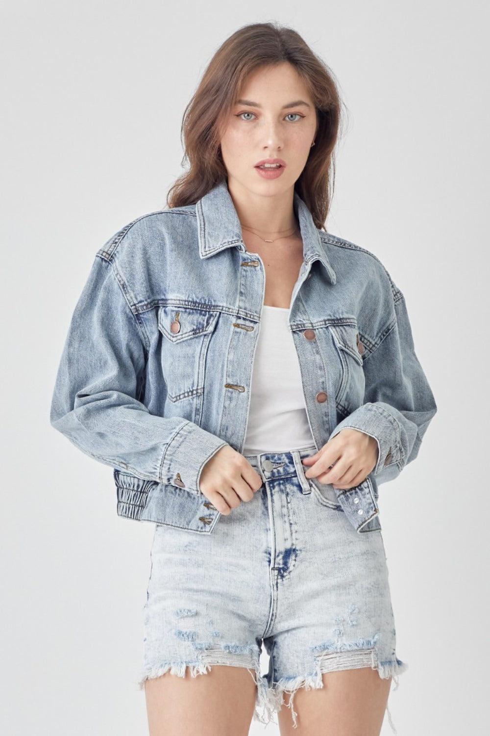 RISEN Button Down Cropped Denim Jacket-Trendsi-[option4]-[option5]-[option6]-[option7]-[option8]-Shop-Boutique-Clothing-for-Women-Online