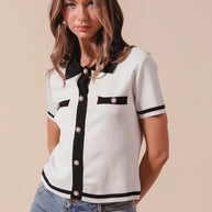 SO ME Button Down Knitted Sweater Shirt Top-Blouses-Trendsi-IVORY/BLACK-S-[option4]-[option5]-[option6]-[option7]-[option8]-Shop-Boutique-Clothing-for-Women-Online
